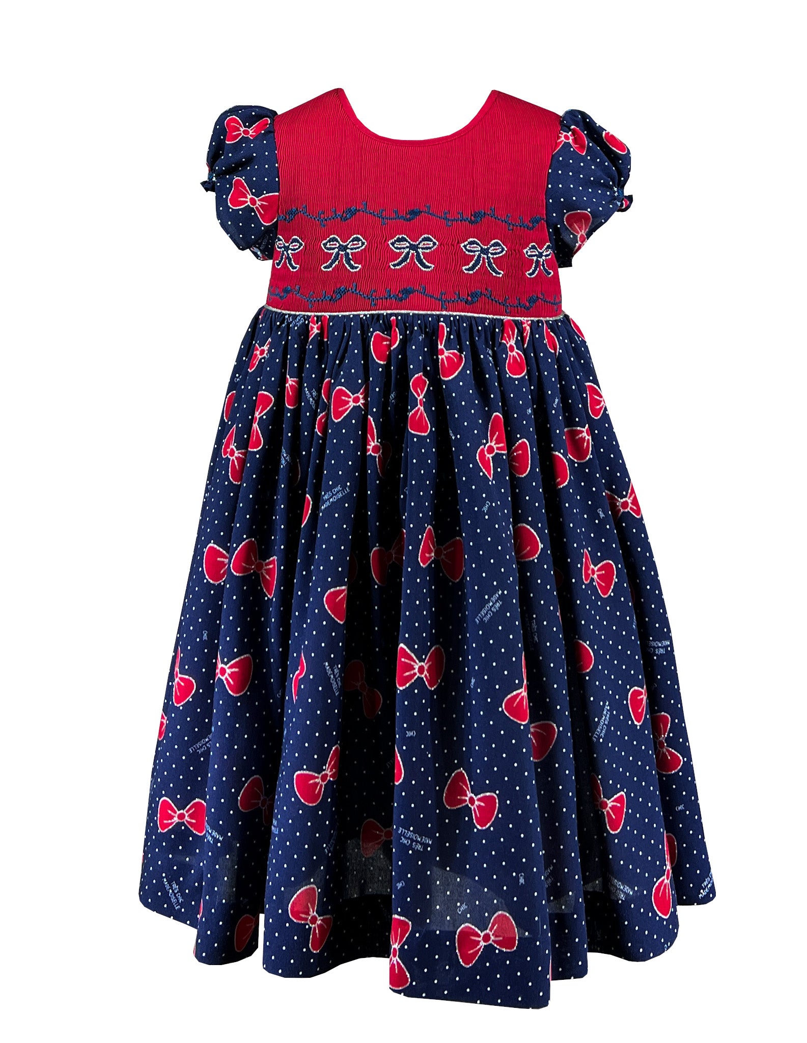 Red Navy and Silver Bow Smocked Dress