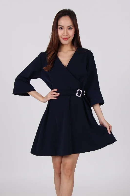 Buckle Overlap Bell Sleeve Skater Dress in Navy Blue