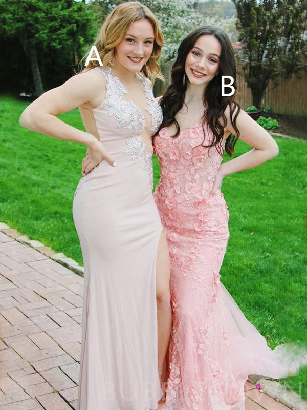 Pink Tulle Appliques Spaghetti Straps Lace Long Mermaid Evening Prom Dresses, MR8062 Pink Tulle Appliques Spaghetti Straps Lace Long Mermaid Evening Prom Dresses, MR8062