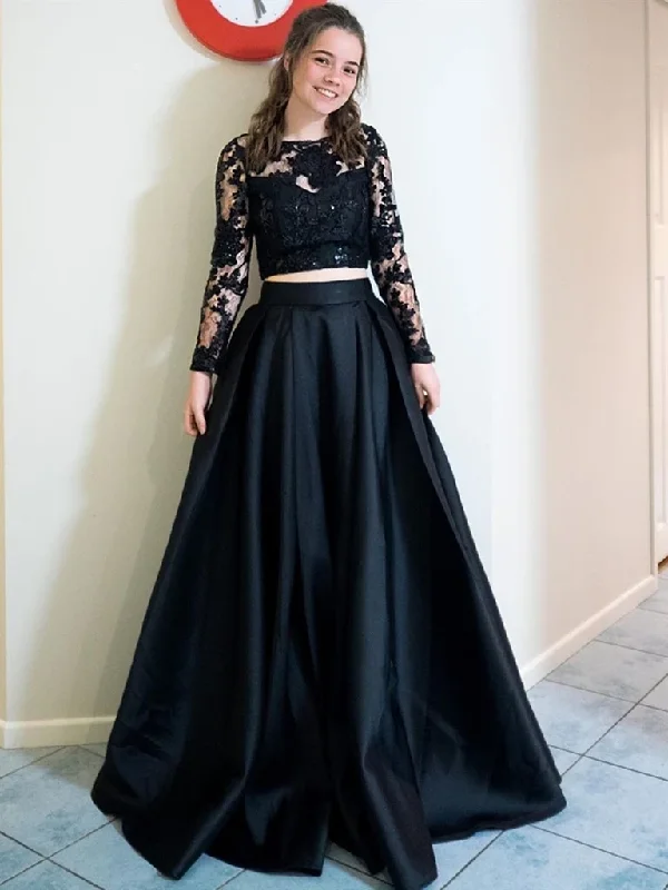 Round Neck Two Pieces Long Sleeves Black Lace Long Prom Dresses, 2 Pieces Black Lace Long Formal Evening Dresses Round Neck Two Pieces Long Sleeves Black Lace Long Prom Dresses, 2 Pieces Black Lace Long Formal Evening Dresses