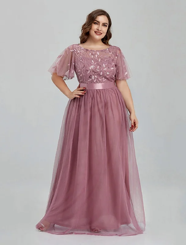 A-Line Prom Dresses Elegant Dress Party Wear Floor Length Short Sleeve Jewel Neck Tulle with Embroidery Splicing A-Line Prom Dresses Elegant Dress Party Wear Floor Length Short Sleeve Jewel Neck Tulle with Embroidery Splicing