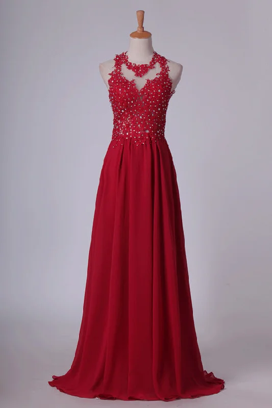 2024 Sexy Open Back Scoop Prom Dresses A Line With Applique And P8X3BTT4