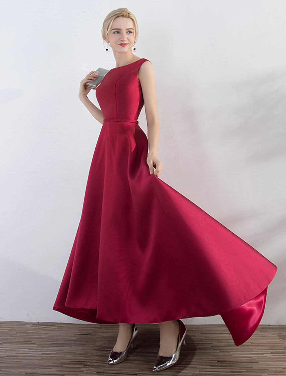A-Line Evening Gown Elegant Minimalist Dress Party Wear Wedding Guest Asymmetrical Sleeveless Jewel Neck Satin with Sleek A-Line Evening Gown Elegant Minimalist Dress Party Wear Wedding Guest Asymmetrical Sleeveless Jewel Neck Satin with Sleek