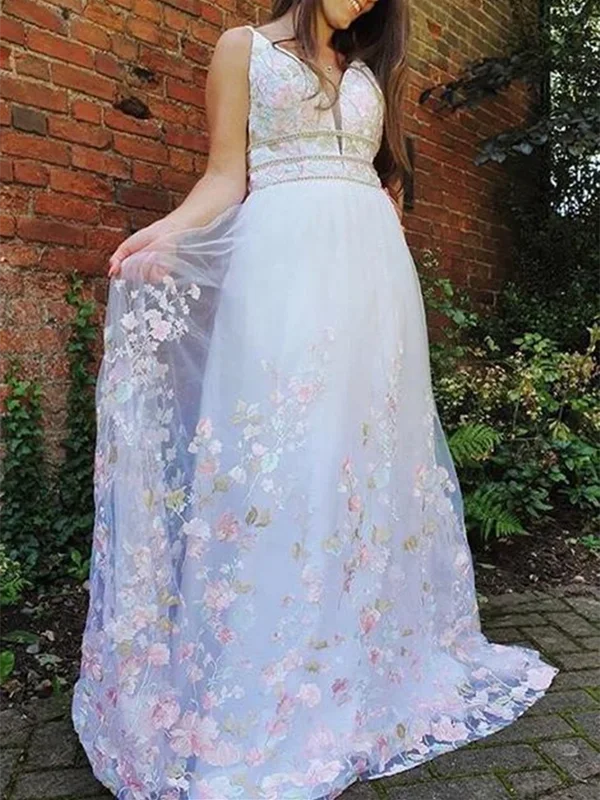 A Line V Neck White Lace Floral Long Prom Dresses, White Lace Floral Formal Graduation Evening Dresses A Line V Neck White Lace Floral Long Prom Dresses, White Lace Floral Formal Graduation Evening Dresses
