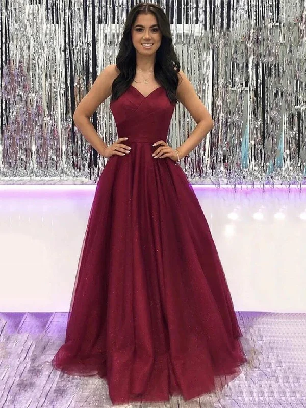 V Neck Burgundy Tulle Long Prom Dresses, Long Wine Red Tulle Formal Evening Dresses