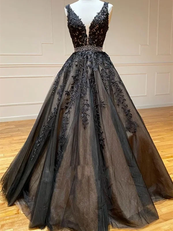 V Neck Black Lace Beads Tulle Long Prom Dresses, V Neck Black Lace Beads Tulle Long Formal Evening Dresses V Neck Black Lace Beads Tulle Long Prom Dresses, V Neck Black Lace Beads Tulle Long Formal Evening Dresses