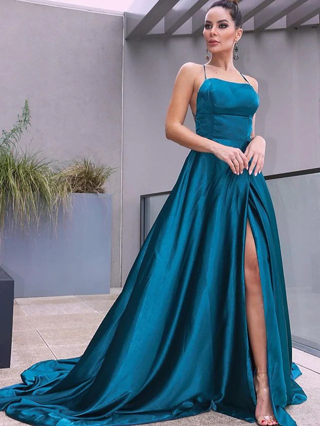 Prom Dresses Beautiful Back Dress Party Wear Court Train Sleeveless Spaghetti Strap Satin with Slit Prom Dresses Beautiful Back Dress Party Wear Court Train Sleeveless Spaghetti Strap Satin with Slit