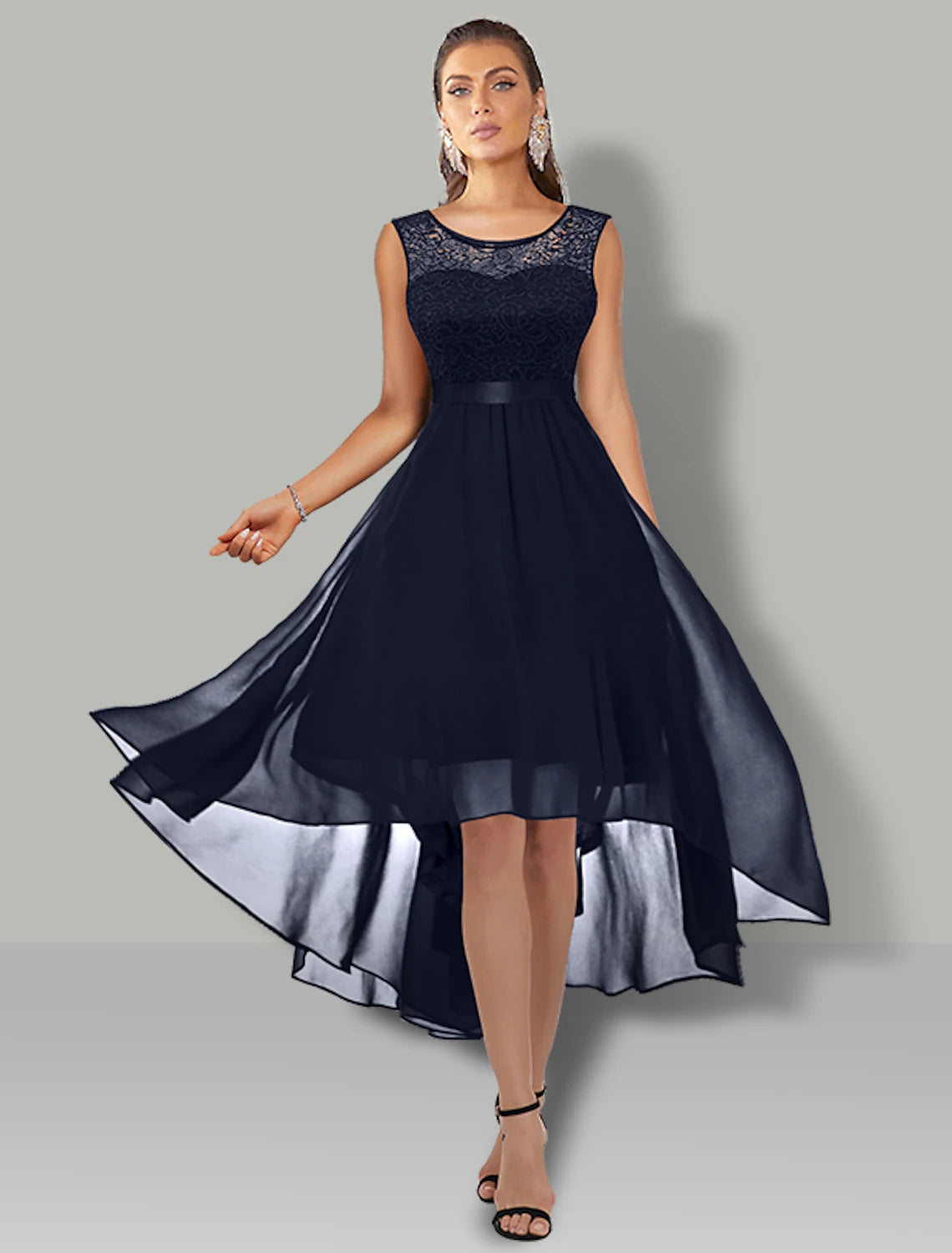 A-Line Cocktail Dresses Vintage Dress Party Wear Asymmetrical Sleeveless Jewel Neck Chiffon with Pleats Lace Insert Pure Color A-Line Cocktail Dresses Vintage Dress Party Wear Asymmetrical Sleeveless Jewel Neck Chiffon with Pleats Lace Insert Pure Color