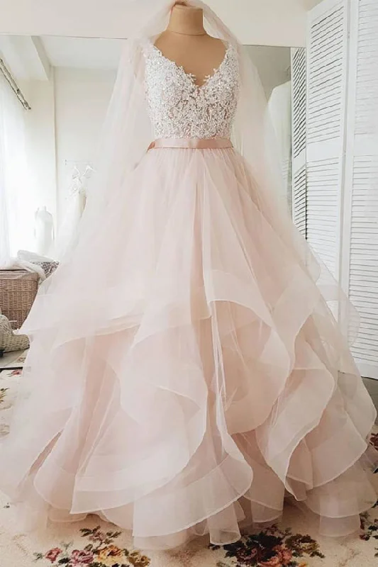 Ball Gown Light Pink Lace High Low Tiered Skirt Fluffy Wedding Prom Dresses Formal Dress Ball Gown Light Pink Lace High Low Tiered Skirt Fluffy Wedding Prom Dresses Formal Dress