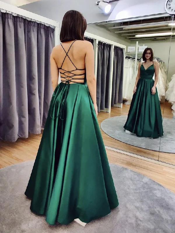 V Neck Backless Satin Green long Prom Dresses, Open Back Green Satin Formal Evening Dresses V Neck Backless Satin Green long Prom Dresses, Open Back Green Satin Formal Evening Dresses