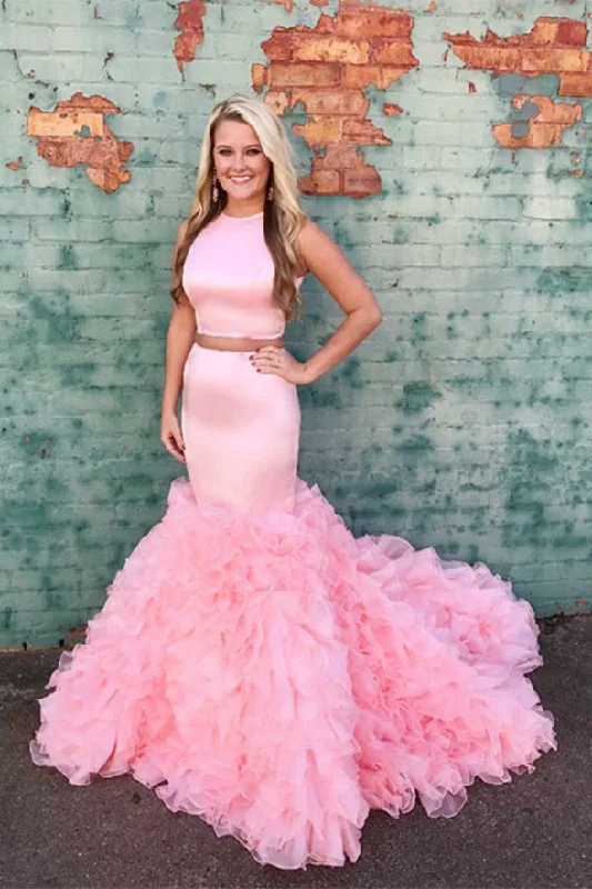 High Neck Two Piece Pink Mermaid Long Tiered Skirt Fancy Prom Dresses Formal Grad Dress High Neck Two Piece Pink Mermaid Long Tiered Skirt Fancy Prom Dresses Formal Grad Dress