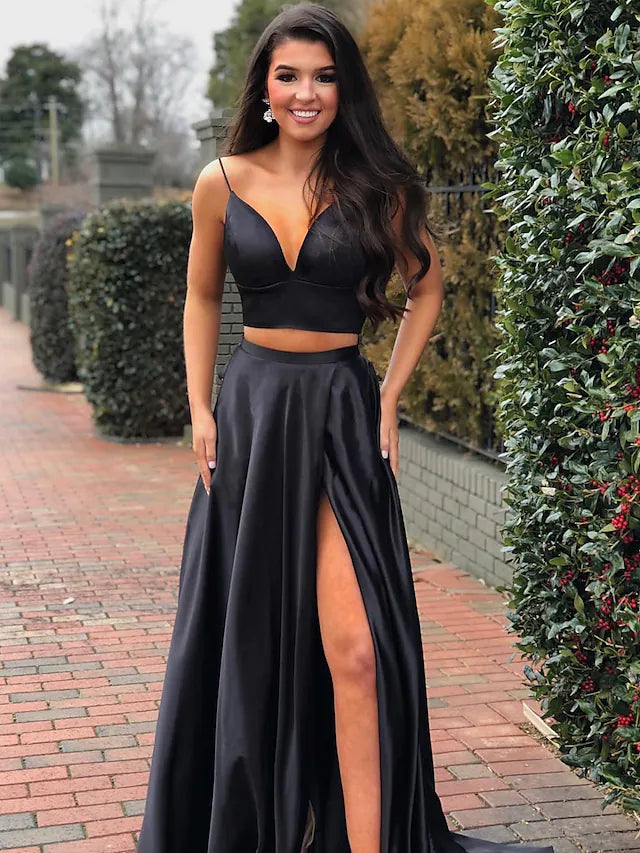 A-Line Prom Dresses Minimalist Dress Party Wear Sleeveless V Neck Satin with Pleats Slit A-Line Prom Dresses Minimalist Dress Party Wear Sleeveless V Neck Satin with Pleats Slit