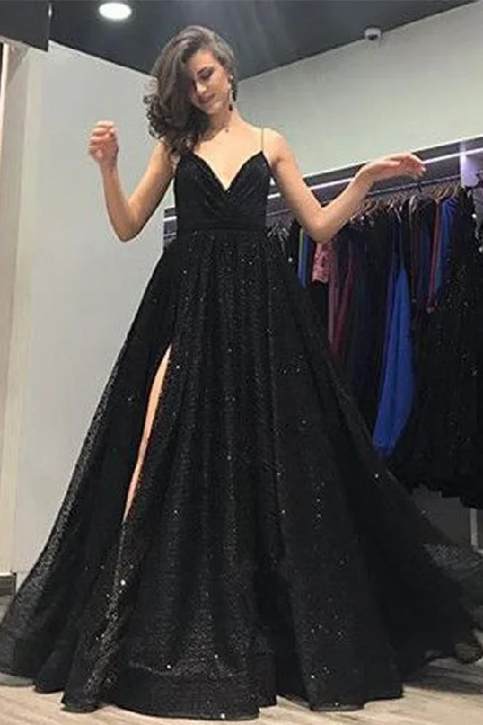Shiny Backless Black Sequin V Neck Empire Waist Plus Size Prom Dress Evening Gown Dresses