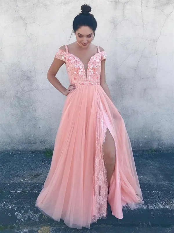 Deep V Neck Off Shoulder Pink Tulle Lace Floral Prom Dresses With Leg Slit , Lace Off the Shoulder Pink Formal Evening Dresses Deep V Neck Off Shoulder Pink Tulle Lace Floral Prom Dresses With Leg Slit , Lace Off the Shoulder Pink Formal Evening Dresses