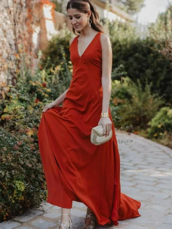 A Line V Neckline Orange Red Evening Gown with Strapy Back, Orange Red Long Prom Dresses A Line V Neckline Orange Red Evening Gown with Strapy Back, Orange Red Long Prom Dresses