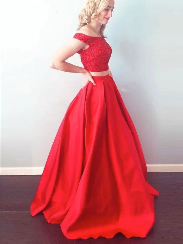 Off Shoulder Beaded Red Two Pieces Satin Long Prom Dresses, Off The Shoulder Red 2 Pieces Beaded Long Formal Evening Dresses Off Shoulder Beaded Red Two Pieces Satin Long Prom Dresses, Off The Shoulder Red 2 Pieces Beaded Long Formal Evening Dresses