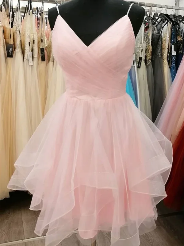 Cute V Neck Pink Tulle Short Prom Dresses, V Neck Pink Tulle Formal Graduation Evening Dresses Cute V Neck Pink Tulle Short Prom Dresses, V Neck Pink Tulle Formal Graduation Evening Dresses