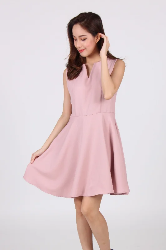 V Collar Sleeveless Skater Dress in Pink