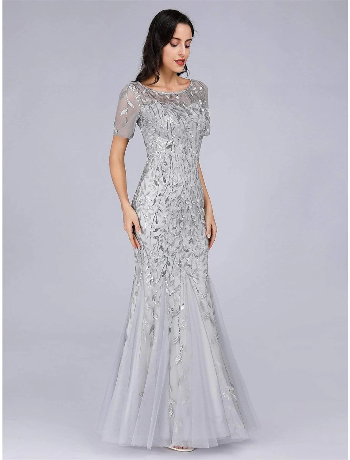 Mermaid / Trumpet Empire Elegant Party Wear Formal Evening Dress Jewel Neck Short Sleeve Floor Length Tulle with Embroidery / Illusion Sleeve Mermaid / Trumpet Empire Elegant Party Wear Formal Evening Dress Jewel Neck Short Sleeve Floor Length Tulle with Embroidery / Illusion Sleeve