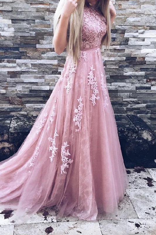 Fashion A Line Blush Pink High Neck Lace Sleeveless Prom Dresses Evening Formal Dress Gowns Fashion A Line Blush Pink High Neck Lace Sleeveless Prom Dresses Evening Formal Dress Gowns