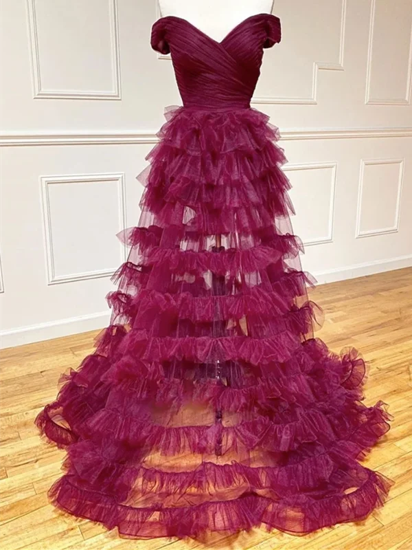 A Line Sweetheart Neck Off Shoulder Long Burgundy Prom Dresses, Off The Shoulder Tulle Burgundy Long Formal Evening Dresses A Line Sweetheart Neck Off Shoulder Long Burgundy Prom Dresses, Off The Shoulder Tulle Burgundy Long Formal Evening Dresses