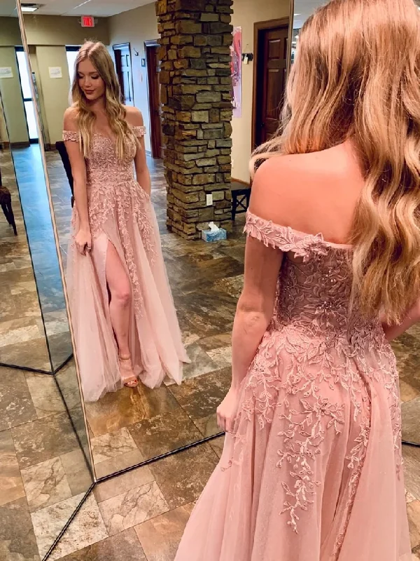 Off the Shoulder Pink Lace Long Prom Dresses, Off Shoulder Pink Lace Formal Evening Dresses Off the Shoulder Pink Lace Long Prom Dresses, Off Shoulder Pink Lace Formal Evening Dresses