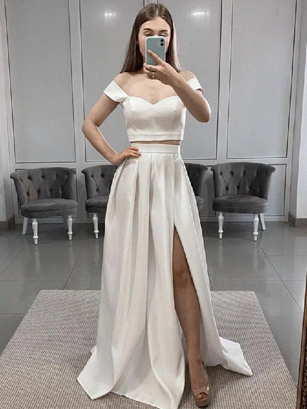 Two Pieces Off Shoulder White Satin Prom Dresses, 2 Pieces White Long Formal Evening Dresses Two Pieces Off Shoulder White Satin Prom Dresses, 2 Pieces White Long Formal Evening Dresses