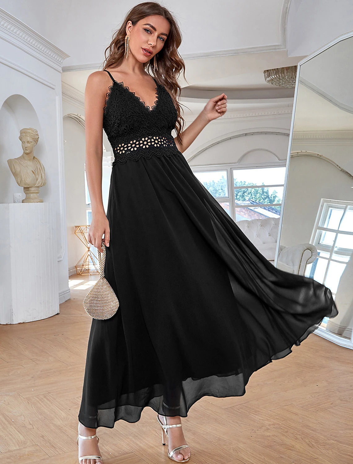 A-Line Elegant Vintage Party Wear Formal Evening Dress V Neck Sleeveless Ankle Length Chiffon with Sequin Pure Color Splicing A-Line Elegant Vintage Party Wear Formal Evening Dress V Neck Sleeveless Ankle Length Chiffon with Sequin Pure Color Splicing