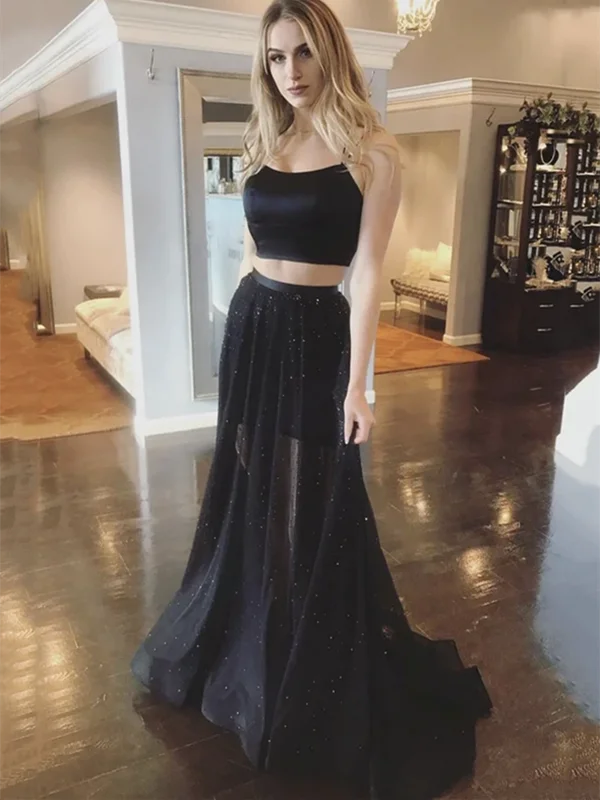 A Line Black Two Pieces Backless Long Prom Dresses, 2 Pieces Black Open Back Long Formal Evening Dresses A Line Black Two Pieces Backless Long Prom Dresses, 2 Pieces Black Open Back Long Formal Evening Dresses