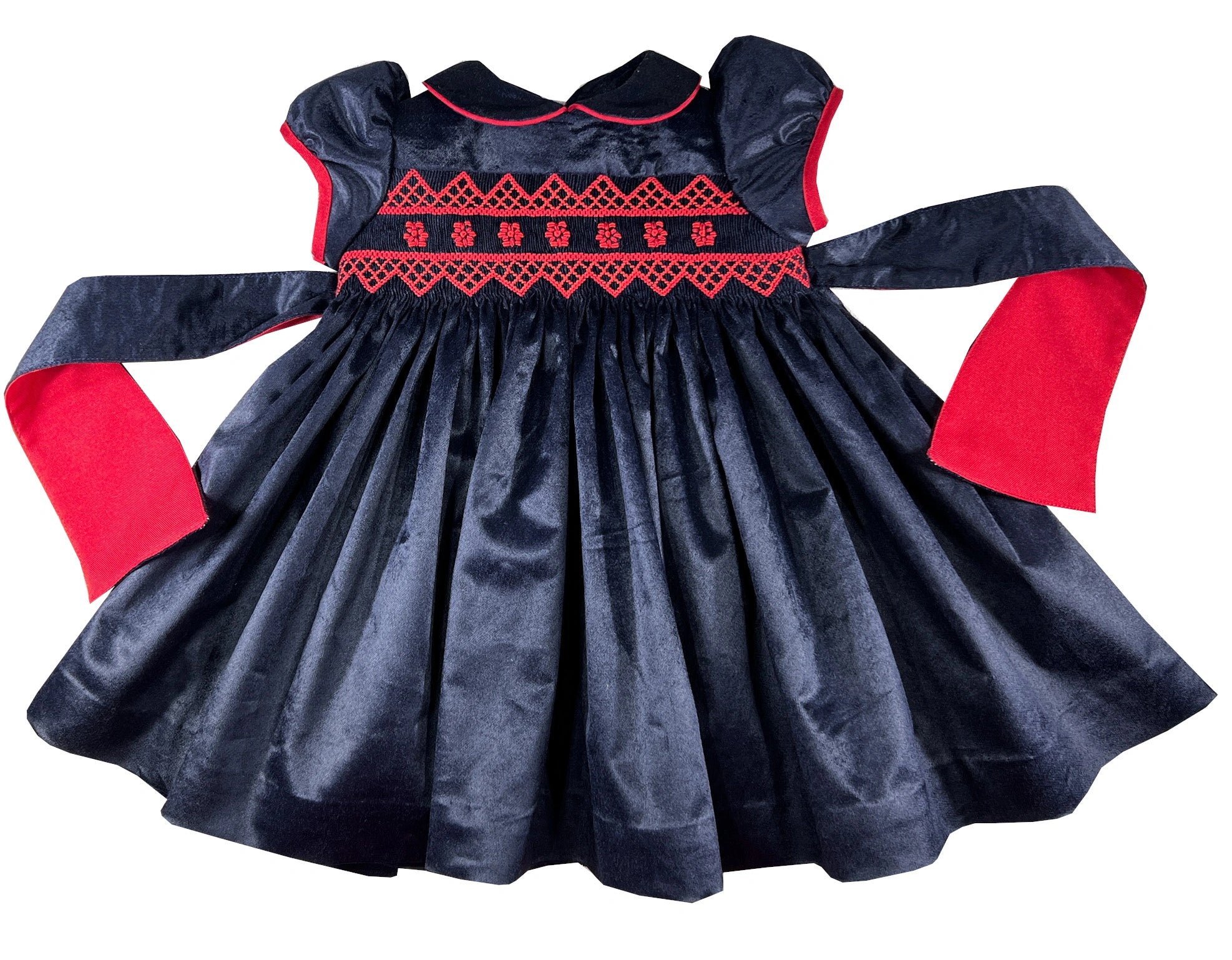Navy velvet Cerise Dress with red smocks