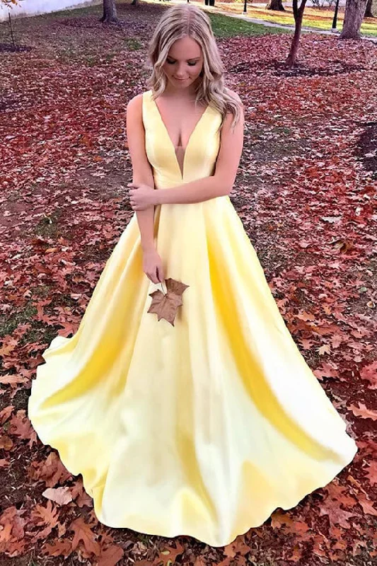 Elegant A Line V Neck Yellow Satin Cheap Wedding Prom Dress Formal Dresses Gowns
