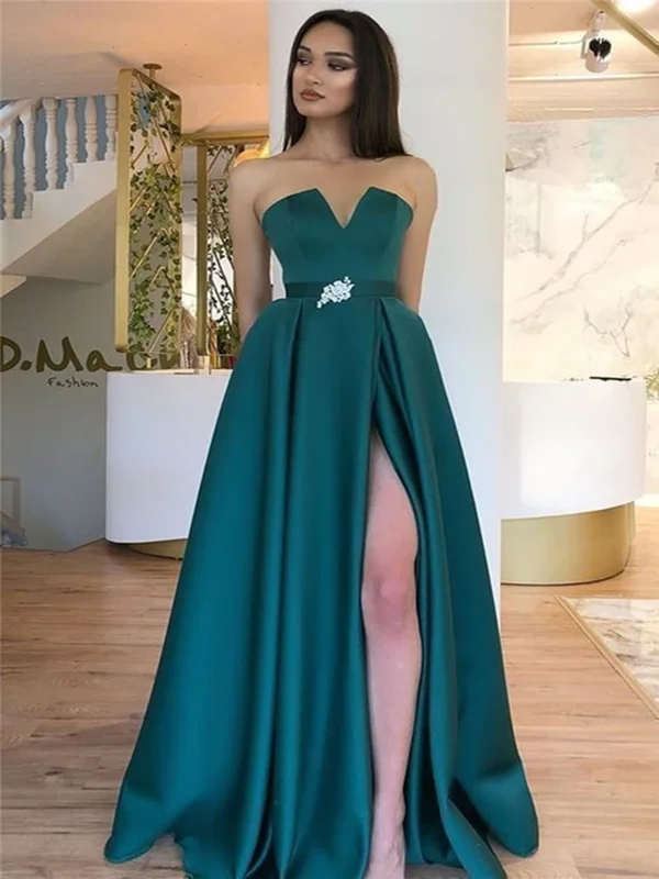 Strapless Emerald Green Satin Thigh high Slit Prom Dresses, Strapless Emerald Green Satin Long Formal Evening Dresses Strapless Emerald Green Satin Thigh high Slit Prom Dresses, Strapless Emerald Green Satin Long Formal Evening Dresses