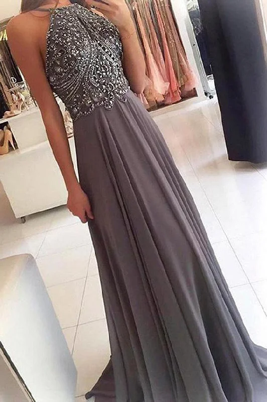 Fashion Spaghetti Straps Grey Chiffon Backless Beaded Prom Dresses Evening Formal Dress Fashion Spaghetti Straps Grey Chiffon Backless Beaded Prom Dresses Evening Formal Dress