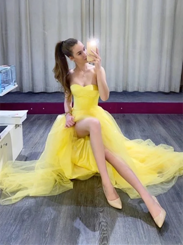 Sweetheart Neck Yellow Tulle Long Prom Dresses , Yellow Tulle Long Formal Evening Graduation Dresses Sweetheart Neck Yellow Tulle Long Prom Dresses , Yellow Tulle Long Formal Evening Graduation Dresses