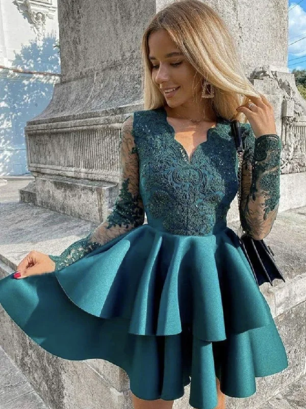 V Neck Long Sleeves Green Lace Short Prom Dresses, Short Green Lace Formal Evening Homecoming Dresses V Neck Long Sleeves Green Lace Short Prom Dresses, Short Green Lace Formal Evening Homecoming Dresses