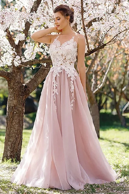 A Line White Lace Appliques Pink Tulle Floor Length Prom Dresses Evening Formal Dress A Line White Lace Appliques Pink Tulle Floor Length Prom Dresses Evening Formal Dress