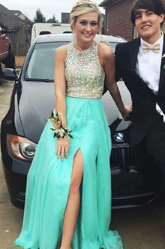 Fashion Beaded Bodice Front Slit Mint Long Wedding Formal Prom Dresses Evening Dress Fashion Beaded Bodice Front Slit Mint Long Wedding Formal Prom Dresses Evening Dress