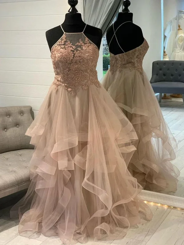Halter Neck Champagne Tulle Lace Long Prom Dresses, Long Lace Champagne Formal Evening Homecoming Dresses Halter Neck Champagne Tulle Lace Long Prom Dresses, Long Lace Champagne Formal Evening Homecoming Dresses