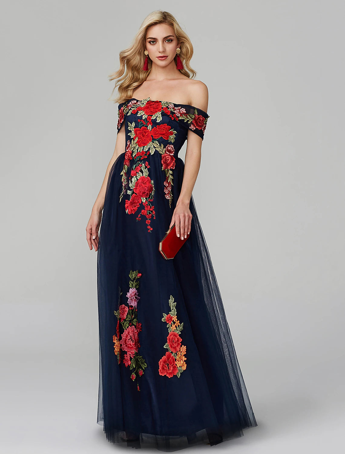 A-Line Prom Dresses Floral Dress Wedding Guest Floor Length Sleeveless Off Shoulder Lace Over Tulle with Embroidery Appliques A-Line Prom Dresses Floral Dress Wedding Guest Floor Length Sleeveless Off Shoulder Lace Over Tulle with Embroidery Appliques