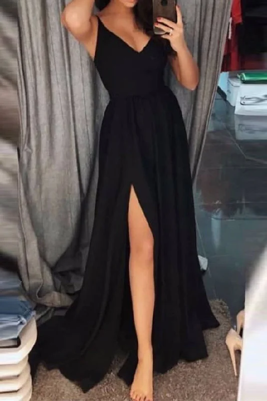 Elegant A Line V Neck Spaghetti Straps Black Cheap Split Prom Dresses Evening Formal Dress Elegant A Line V Neck Spaghetti Straps Black Cheap Split Prom Dresses Evening Formal Dress