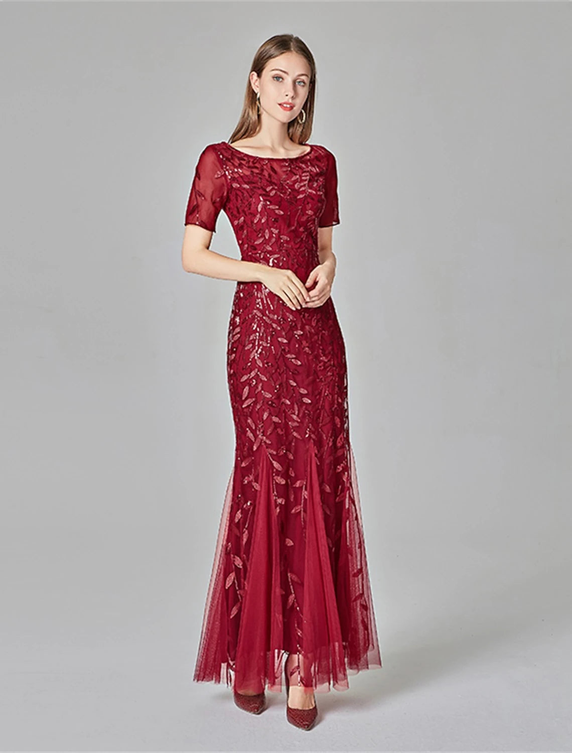 Mermaid / Trumpet Evening Gown Empire Dress Prom Floor Length Short Sleeve Jewel Neck Fall Wedding Guest Tulle with Embroidery Mermaid / Trumpet Evening Gown Empire Dress Prom Floor Length Short Sleeve Jewel Neck Fall Wedding Guest Tulle with Embroidery