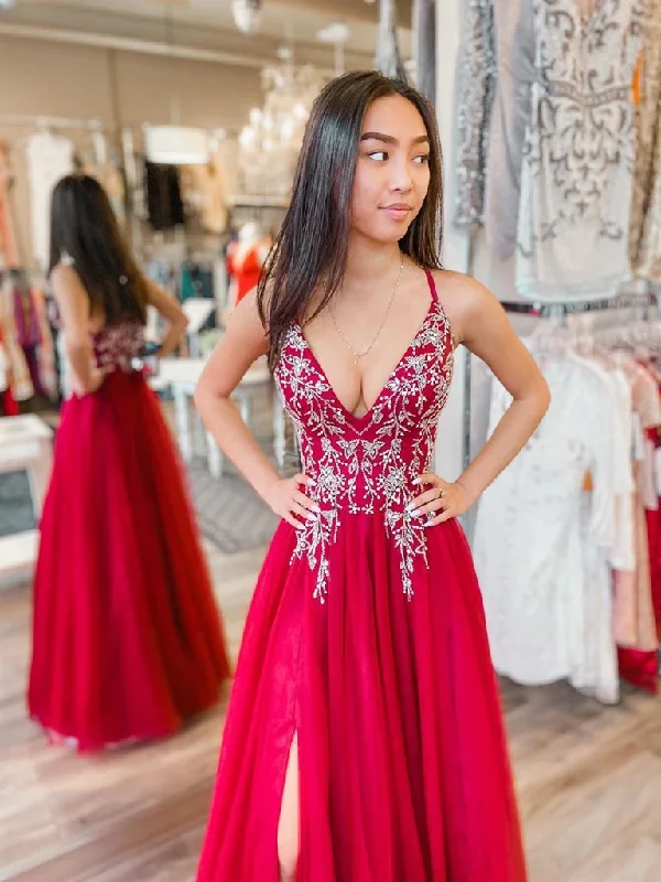 A Line V Neck Beaded Red Long Prom Dresses with High Slit, V Neck Red Formal Evening Dresses A Line V Neck Beaded Red Long Prom Dresses with High Slit, V Neck Red Formal Evening Dresses