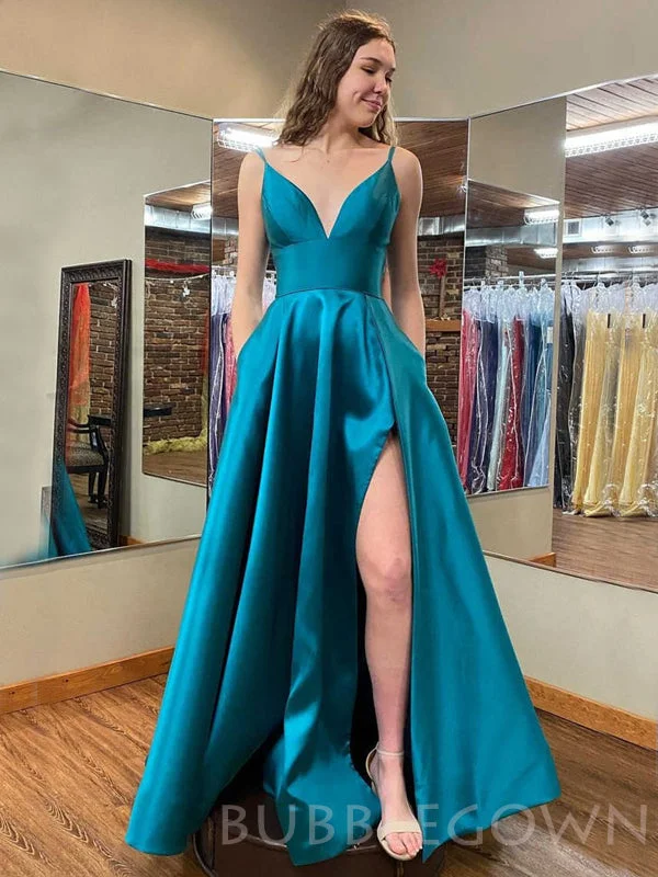 A-line Blue Satin Spaghetti Straps Simple Long Evening Prom Dresses, Cheap Custom prom dresses, MR8001 A-line Blue Satin Spaghetti Straps Simple Long Evening Prom Dresses, Cheap Custom prom dresses, MR8001