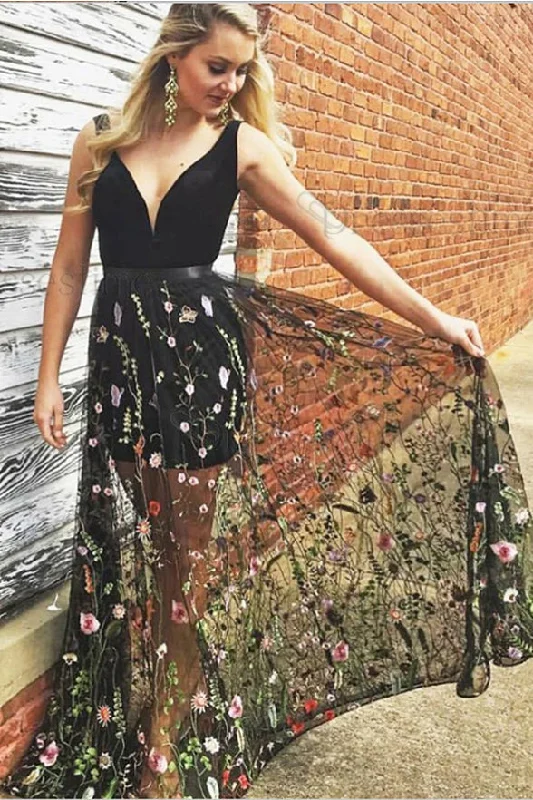 Chic A Line Black Lace V Neck Long Prom Dress Formal Evening Gown Graduation Dresses Chic A Line Black Lace V Neck Long Prom Dress Formal Evening Gown Graduation Dresses