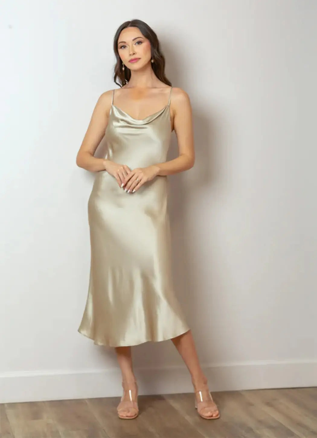 Jessie Liu Satin Cowl Neck Dress-Champagne