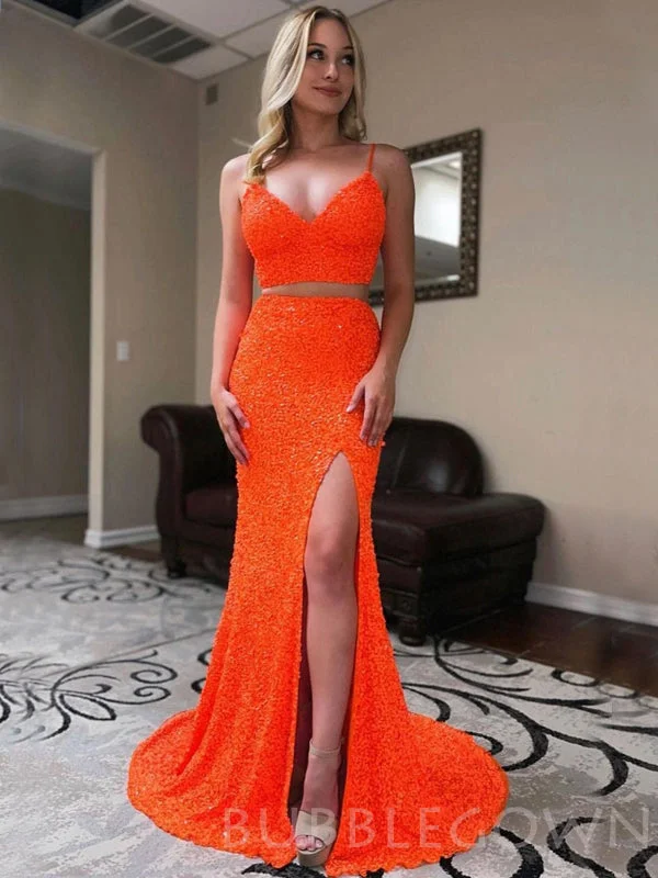 Two Pieces Orange Sequin Sparkly Mermaid Spaghetti Straps Long Evening Prom Dresses, MR8026 Two Pieces Orange Sequin Sparkly Mermaid Spaghetti Straps Long Evening Prom Dresses, MR8026