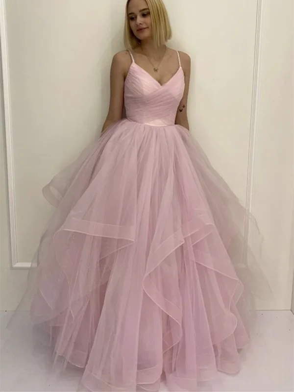 A Line V Neck Pink Tulle Long Prom Dresses, A Line V Neck Pink Tulle Long Formal Evening Dresses A Line V Neck Pink Tulle Long Prom Dresses, A Line V Neck Pink Tulle Long Formal Evening Dresses