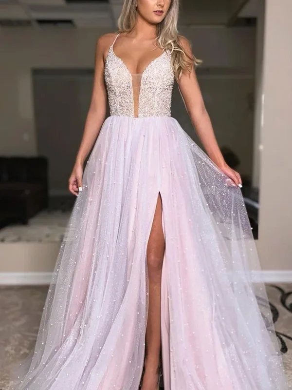 Deep V Neck Light Pink Backless Beaded Long Prom Dresss, Shiny Open Back Light Pink Formal Evening Dresses Deep V Neck Light Pink Backless Beaded Long Prom Dresss, Shiny Open Back Light Pink Formal Evening Dresses