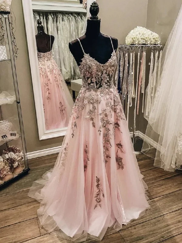 V Neck Pink Champagne Floral Lace Long Prom Dresses, Pink Champagne Lace Formal Evening Dresses