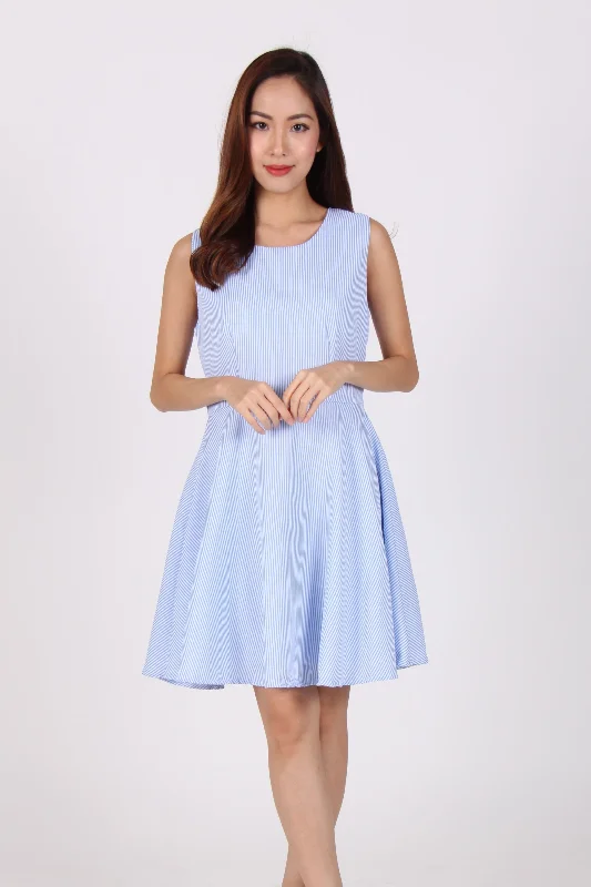 Sleeveless Stripes Skater Dress in Light Blue
